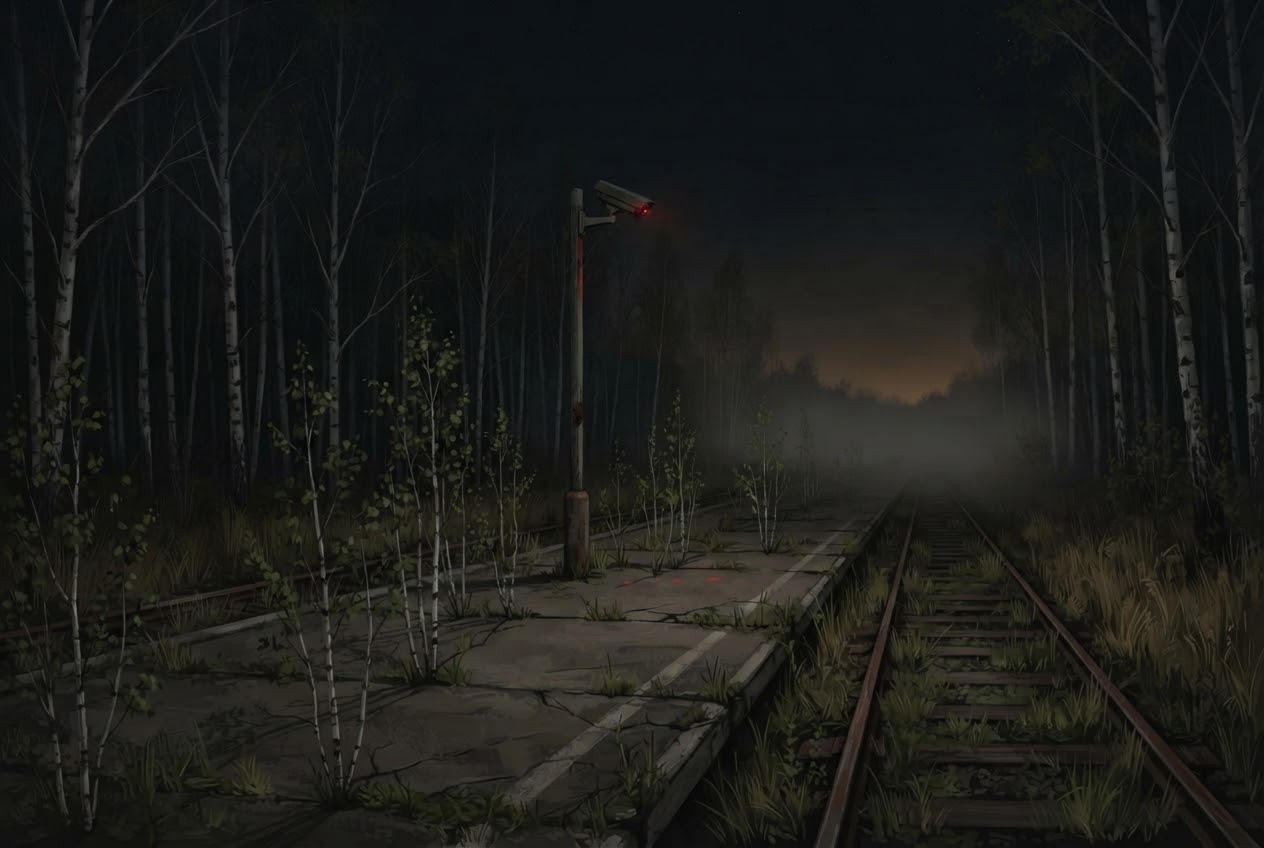 An abandoned platform at night, birches growing through the concrete, a camera on a pole by the track.
