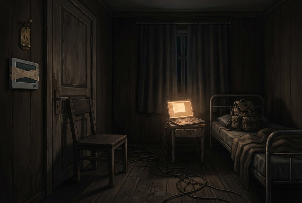 Room 14 in the dark: a laptop glowing on a stool by the bed, a backpack on the blanket.