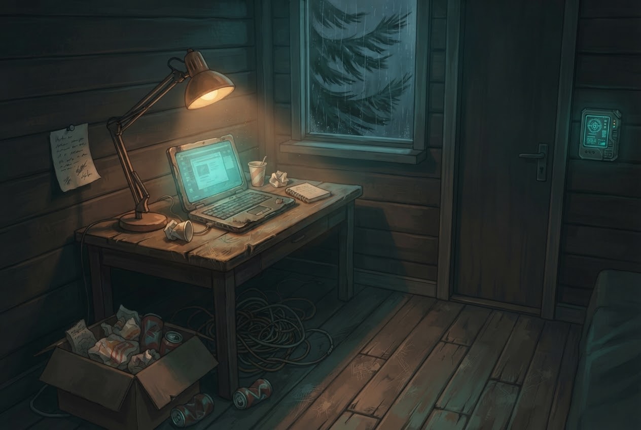 A hostel room at night: a laptop glowing under a desk lamp and a box of someone's leftovers.